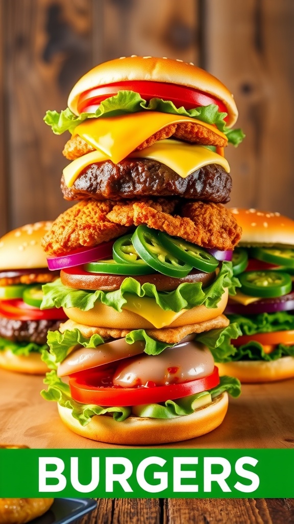 Three gourmet burgers on a wooden table: classic beef, spicy chicken, and veggie, garnished with fresh toppings.